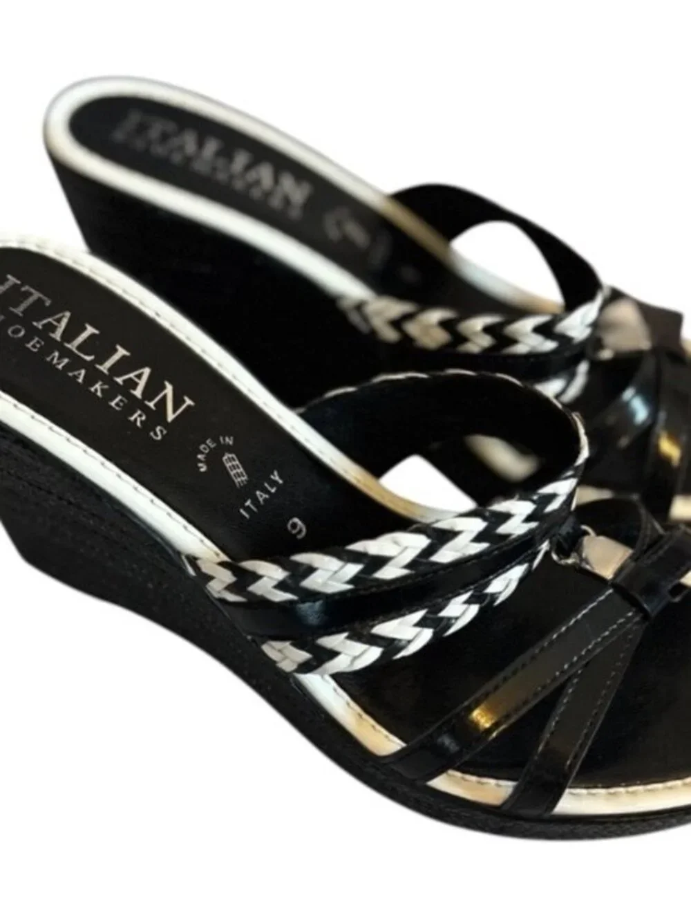 Italian Shoemakers Made In Italy Wedge Heel  Black & White Slide Sandals Shoes S